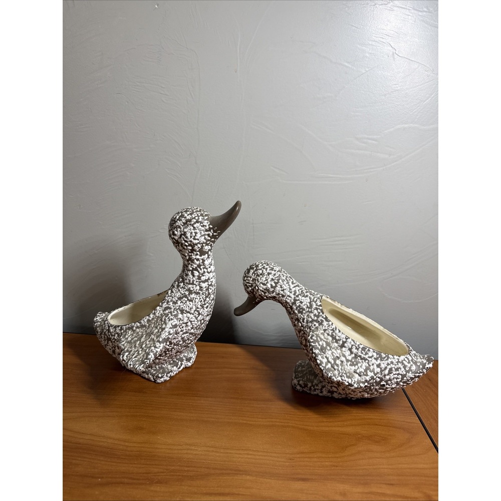 Set of 2 MCM Royal Haeger Pottery Brown White Speckled Duck Planter Pots Ceramic